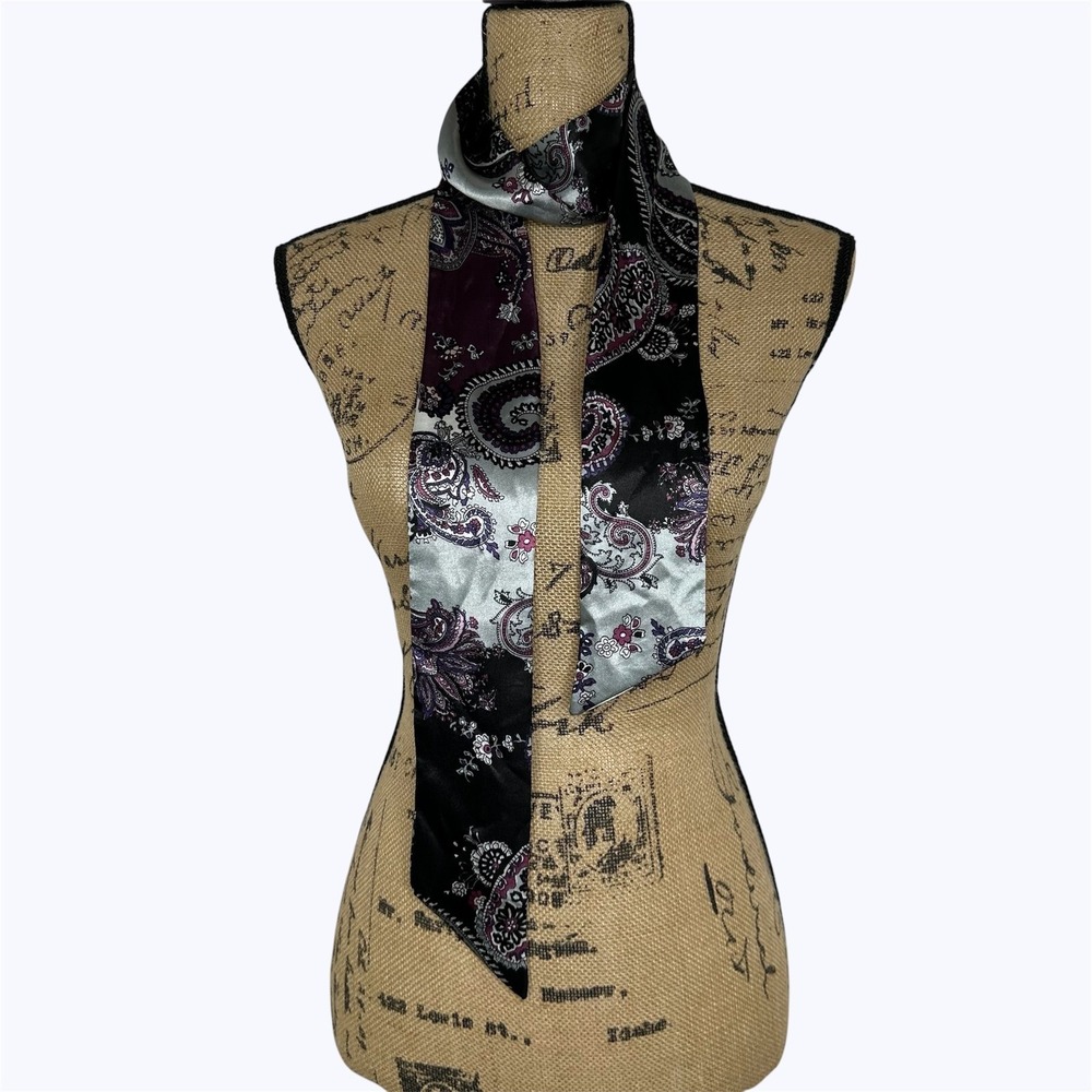 Womens Skinny Scarf Paisley Floral‎ Black Silver Purple Satin Necktie Purse Hair